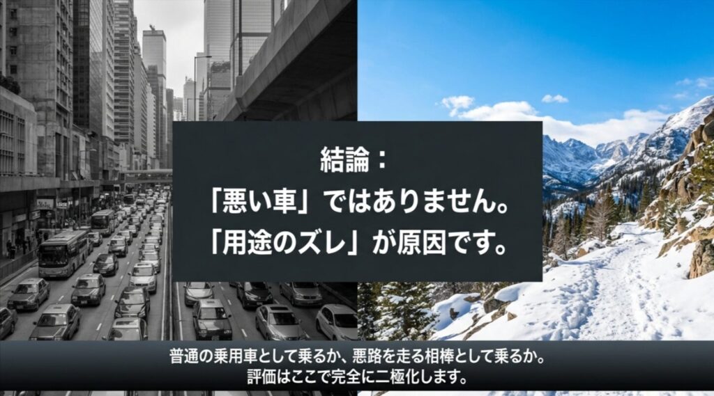 街中と雪道の対比で、デリカは悪い車ではなく用途のズレで評価が分かれると示すスライド