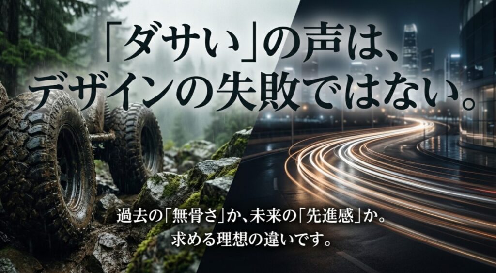 オフロードの無骨さと都会の先進感を対比し、ダサいという声はデザイン失敗ではなく理想の違いだと示すスライド