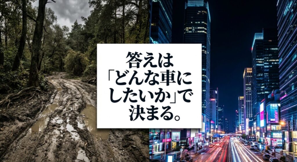 泥道のオフロードと都会の夜景を対比し、デリカのリアスポイラーは目指すスタイルで必要性が変わると示すスライド
