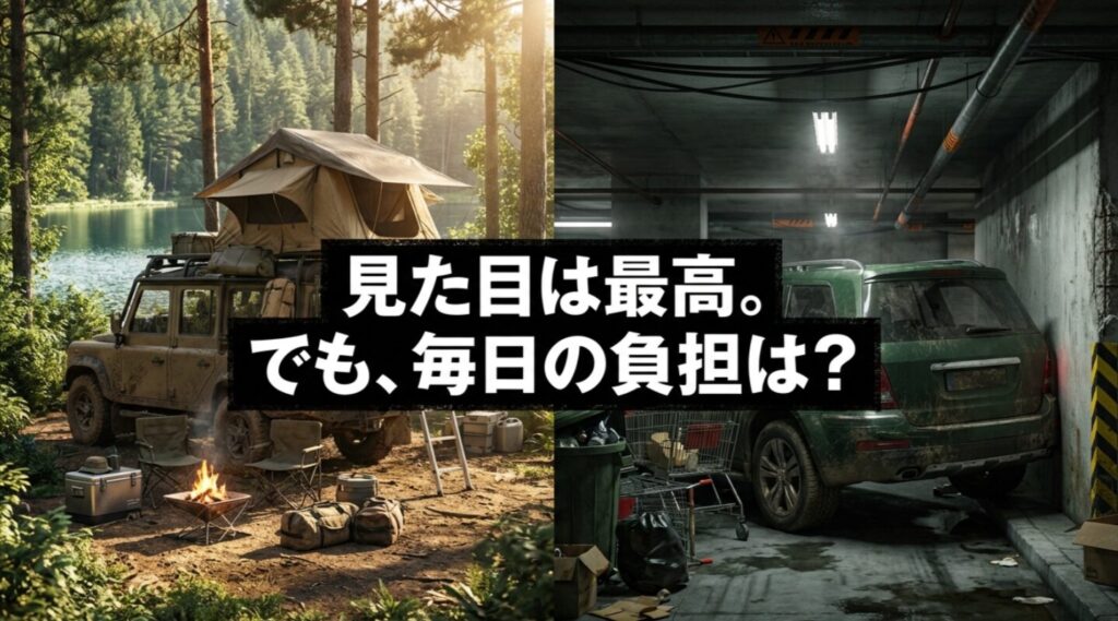 見た目の良さと日常の負担を対比したリアラダーの問題提起スライド