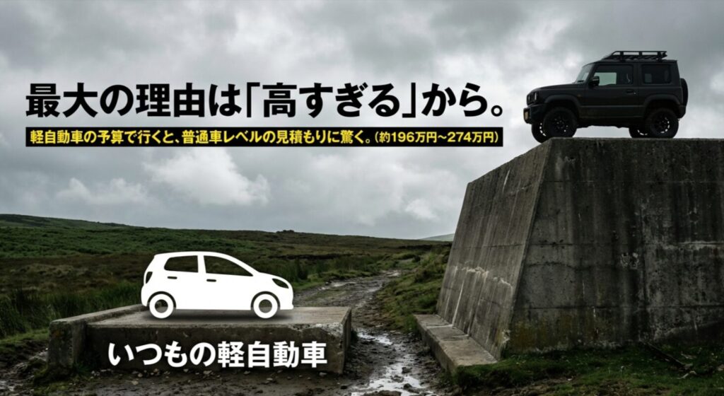 デリカミニが高すぎる理由として、軽自動車の予算感と普通車レベルの見積もり差を示した比較スライド