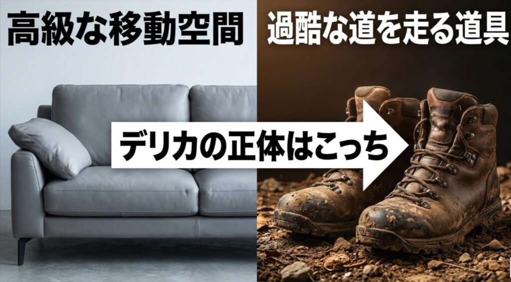 高級な移動空間と過酷な道を走る道具を対比し、デリカの本質が後者に近いと伝える比較スライド