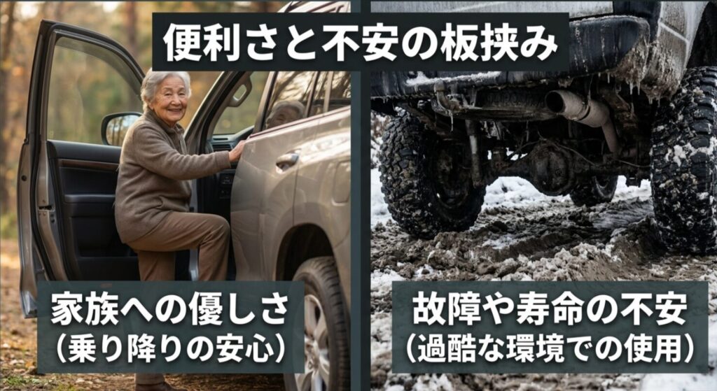 高齢者の乗り降りのしやすさと、雪や悪路での下回り環境を左右に対比し、電動サイドステップの便利さと不安を示したスライド