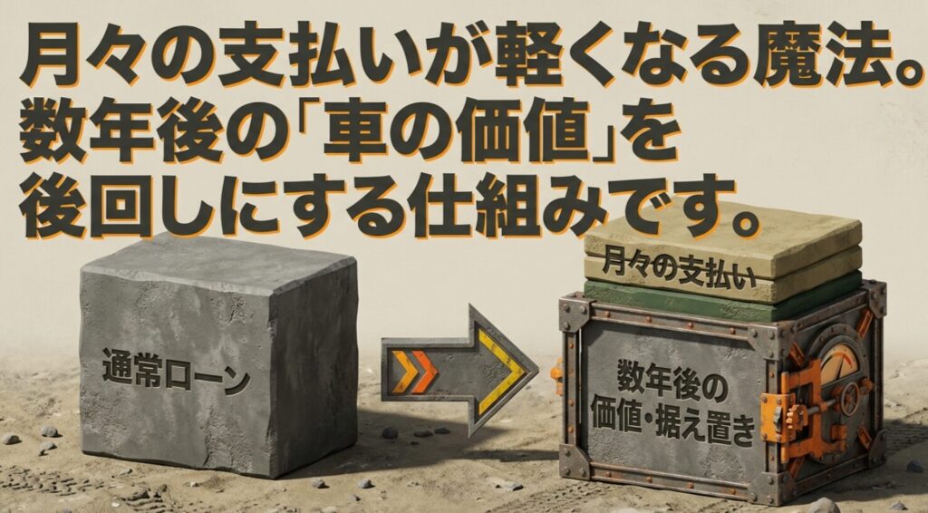 通常ローン（一つの重いブロック）と残クレ（月々の支払いと残価の据え置きに分割されたブロック）を並べて比較した図解スライド。残クレが月々の負担を軽くする仕組みを視覚的に表している