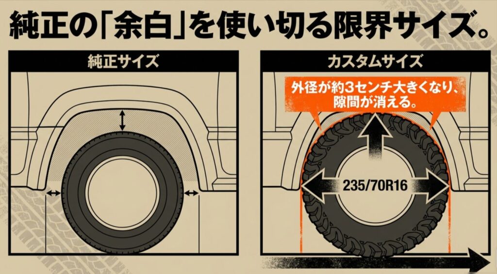 純正サイズと235/70R16を比較し、外径が大きくなることでフェンダー内の余白が減ることを示した比較図