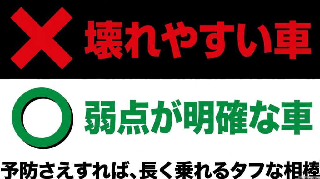 壊れやすい車ではなく弱点を把握すれば長く乗れると示す比較スライド