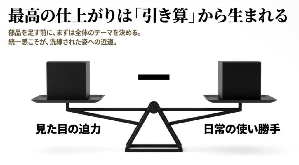 見た目の迫力と日常の使い勝手のバランスを、引き算の発想で示した概念図