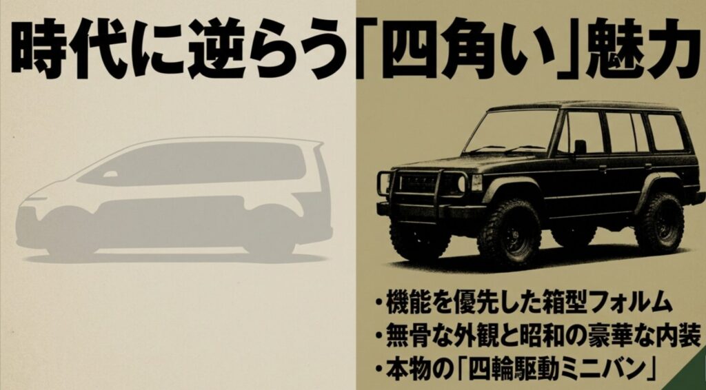 現代的な丸いミニバンの影と、箱型4WDワゴンの対比で旧型デリカの四角い魅力を説明するスライド