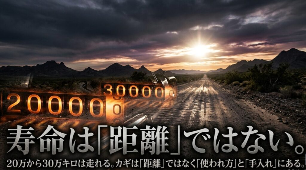 20万キロと30万キロの目安を背景に、寿命は距離だけでなく使い方と手入れで変わることを示すスライド