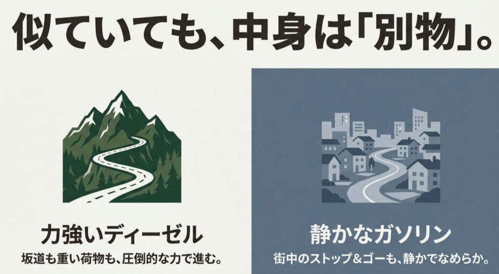 CV1Wは力強いディーゼル、CV5Wは静かなガソリンという中身の違いを示した比較スライド