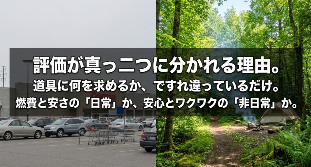 日常重視と非日常重視の違いで、デリカミニの評価が分かれる理由を示した比較スライド