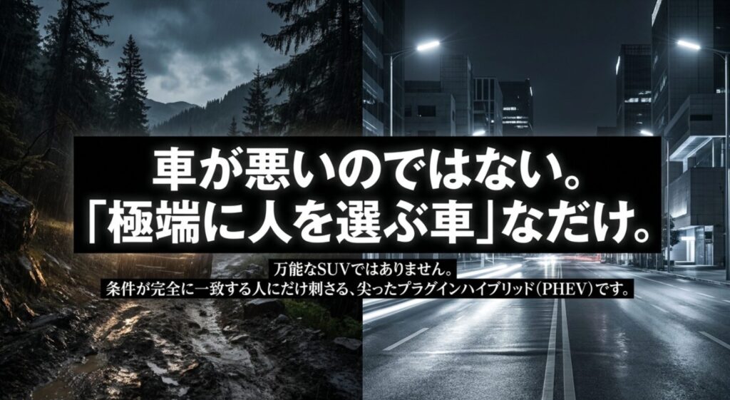 ラングラー4xeは車が悪いのではなく条件が合う人にだけ刺さる車だと伝えるスライド