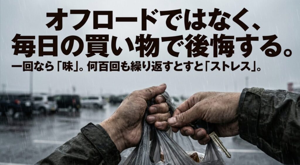 雨の駐車場で買い物袋を持つ手元を写し、ジムニーXGはオフロードではなく日常の買い物で後悔しやすいことを示したスライド