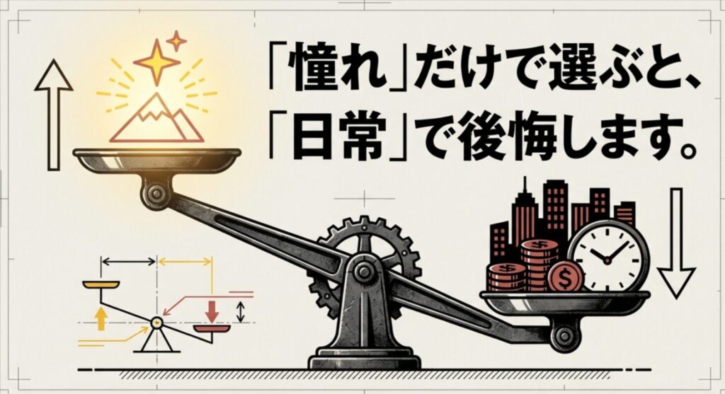 ルーフテントへの憧れと、日常で増える時間やお金の負担を天秤で表したスライド