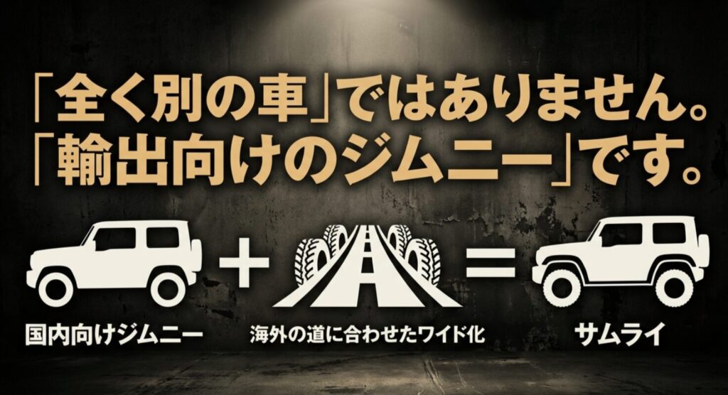国内向けジムニーを海外の道に合わせてワイド化した結果がサムライだと示す概念図スライド