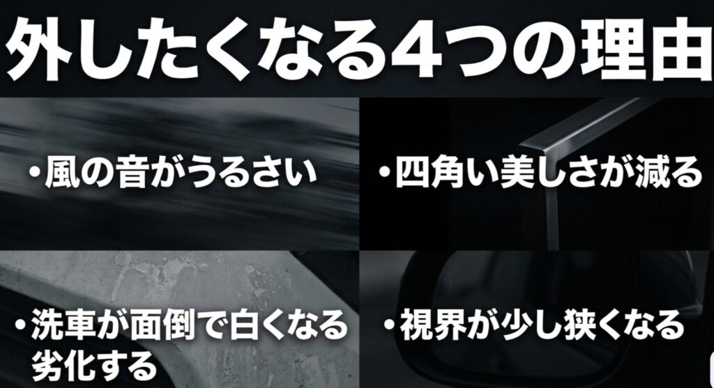 「外したくなる4つの理由」と題した4分割スライド。風の音がうるさい・四角い美しさが減る・洗車が面倒で白く劣化する・視界が少し狭くなる、の4項目が各背景写真とともに示されている