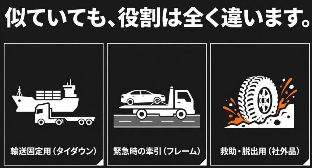 タイダウン、緊急時の牽引、救助脱出用の社外品という三つの役割の違いを示したスライド