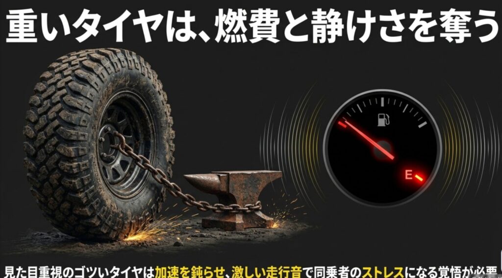 ゴツいオフロードタイヤの重量が燃費悪化を招き、走行音が同乗者のストレスになることを説明するイメージ図
