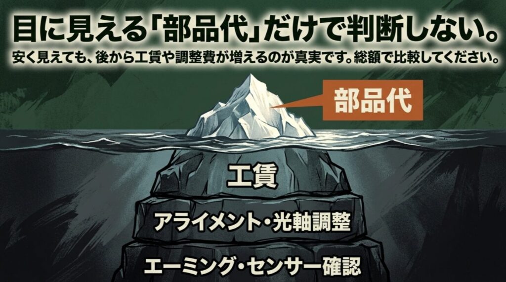 氷山のイラストで、部品代の下に工賃、アライメント・光軸調整、エーミング・センサー確認が隠れていることを示すスライド