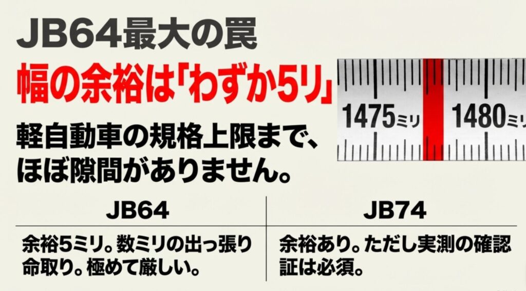 JB64の全幅1475mmと軽自動車規格上限1480mmを比較し、車幅の余裕が5mmしかないことを示した図