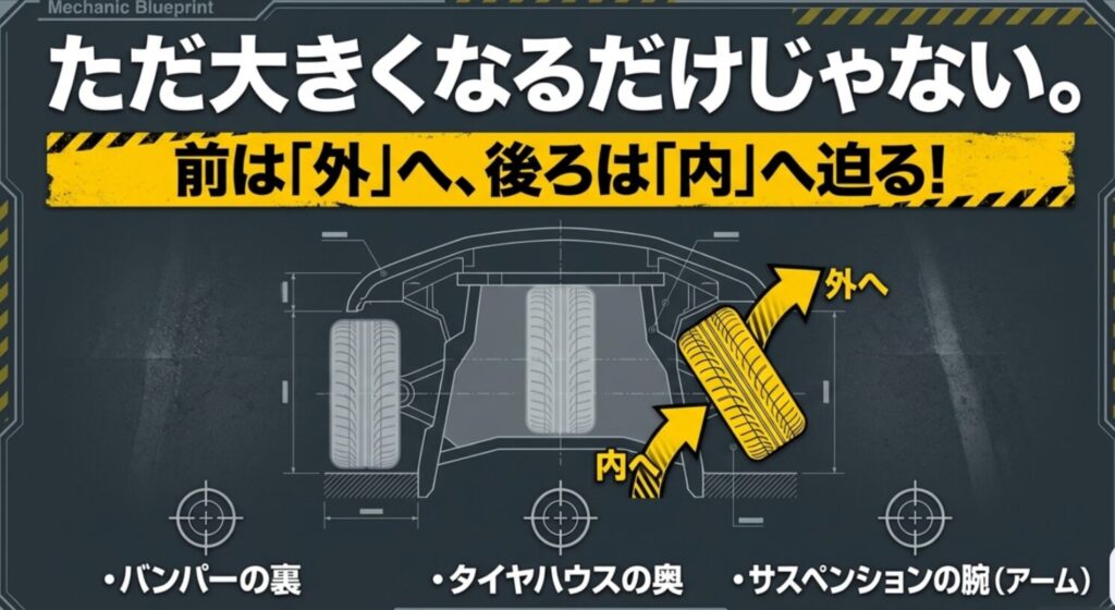 ジムニーで185/85R16装着時に、ステアリングを切るとタイヤ前側が外へ、後ろ側が内へ動き、バンパー裏やアーム側に近づくことを示す図
