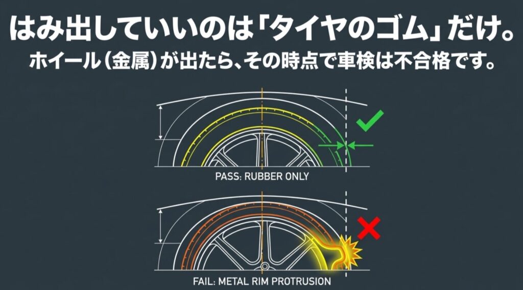 タイヤのゴム部分の軽い突出は許容されてもホイールのリム突出は車検NGになることを示す図
