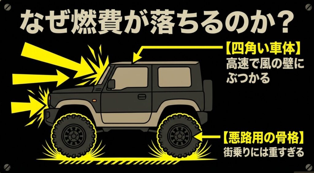 四角いボディの空気抵抗と悪路向けの重い骨格が燃費悪化につながることを示したスライド