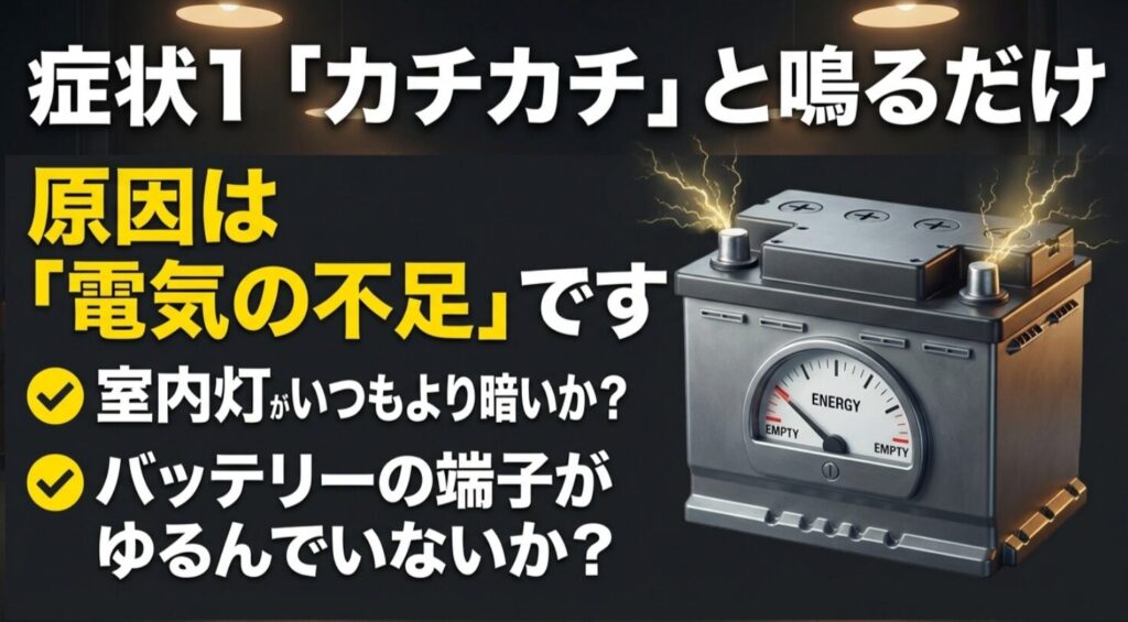カチカチ音だけして始動しないときに、室内灯の暗さやバッテリー端子のゆるみを確認することを示す図