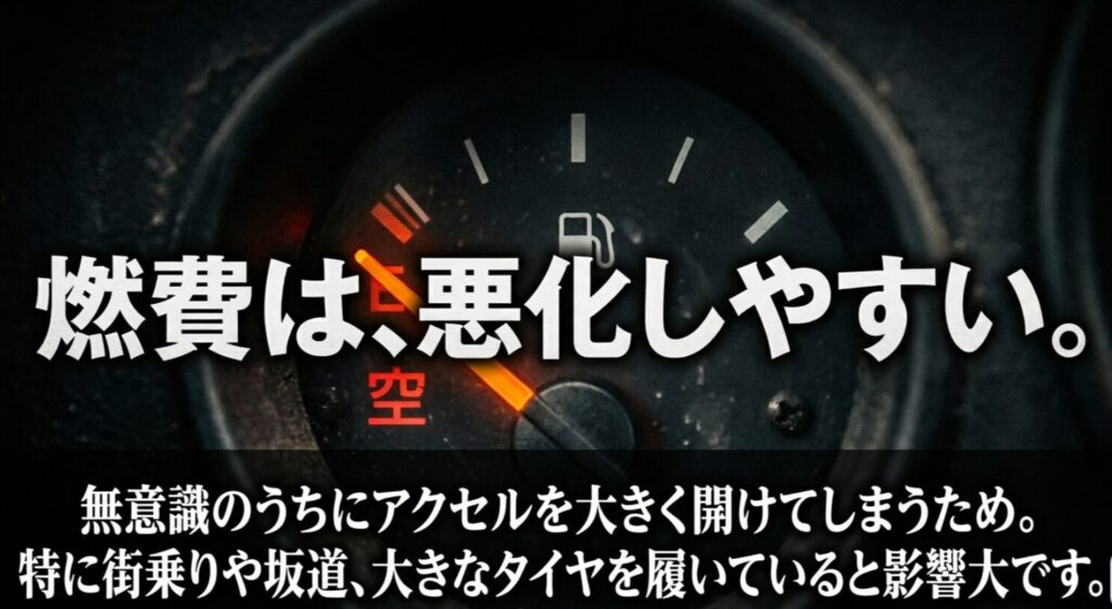 燃料計のイメージとともに、スロコンは無意識のうちにアクセル開度を大きくしやすく、街乗りや坂道、大径タイヤ装着車では燃費悪化が出やすいと示すスライド