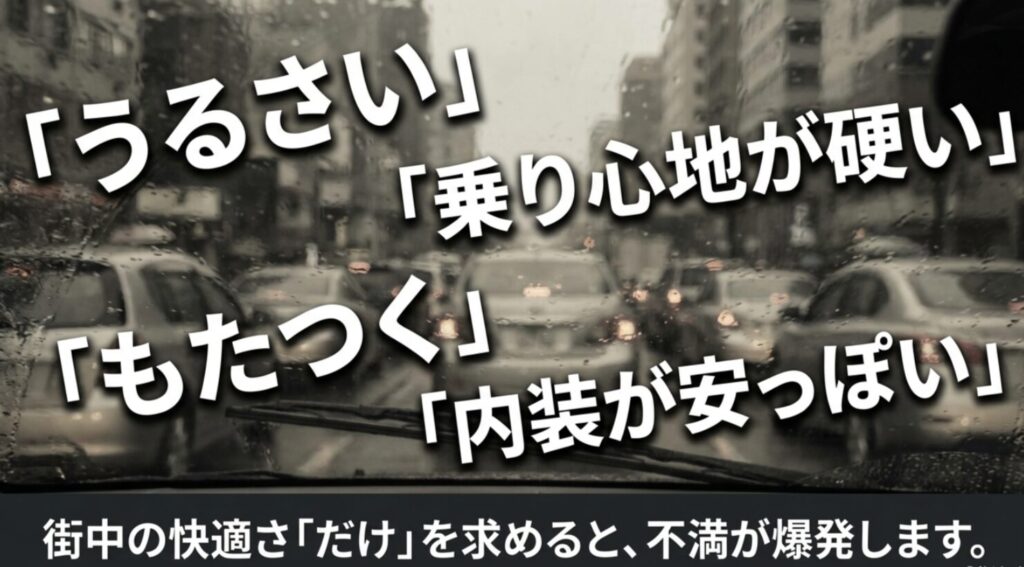 うるさい、乗り心地が硬い、もたつく、内装が安っぽいなど街乗り基準で出やすい不満を示すスライド