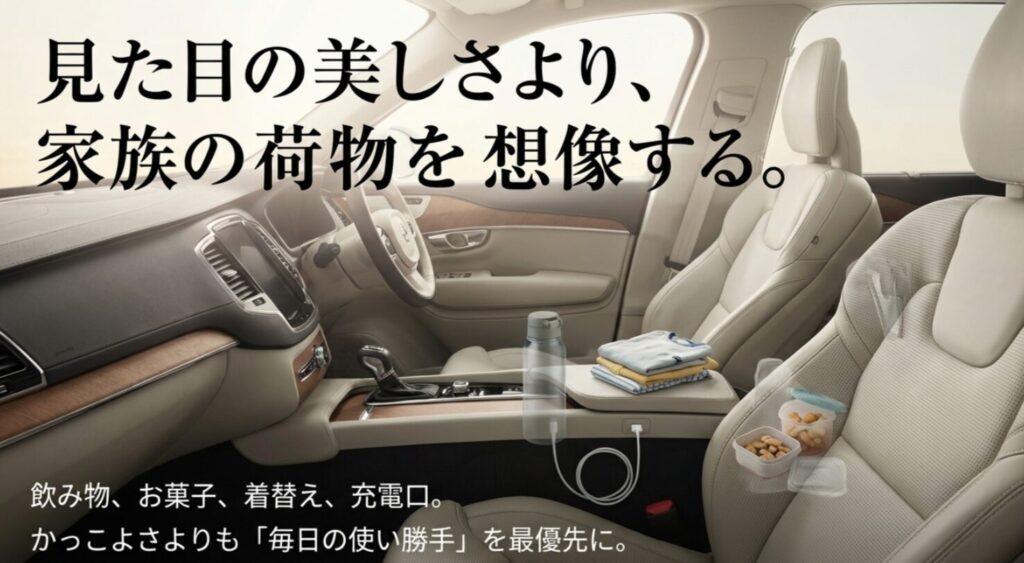 明るい車内に飲み物や着替えや充電ケーブルを置き、見た目より毎日の使い勝手を重視すべきことを示すスライド