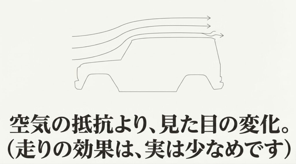 デリカの側面シルエットと気流ラインを使い、リアスポイラーの走行効果は小さく見た目の変化が中心だと示すスライド
