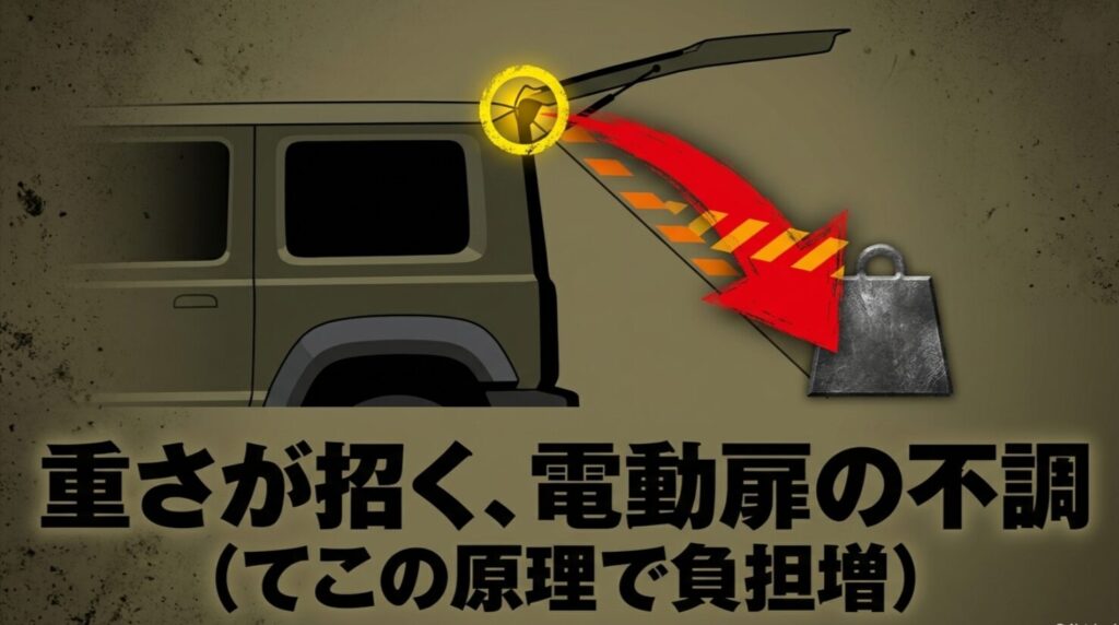 リアラダーの重さがてこの原理で電動ゲートに負担をかけることを示した図解スライド