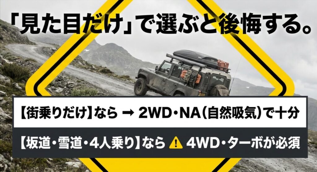 デリカミニは見た目だけで選ぶと後悔しやすく、街乗りなら2WD・NA、坂道や雪道なら4WD・ターボが向くと示したスライド