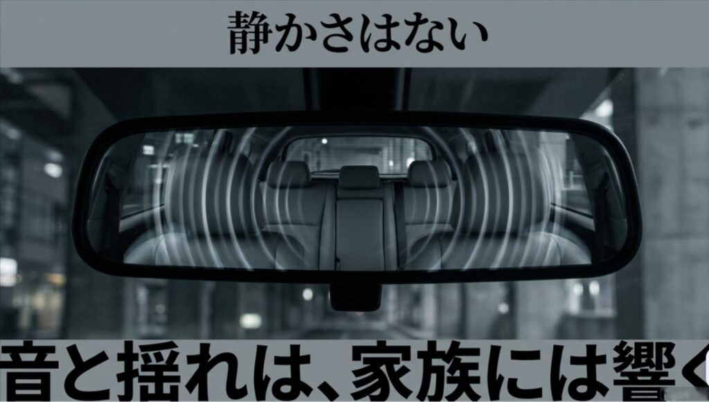 車内に広がる音と振動のイメージで、デリカのディーゼルは静かさ重視の家族には合わない場合があることを示すスライド