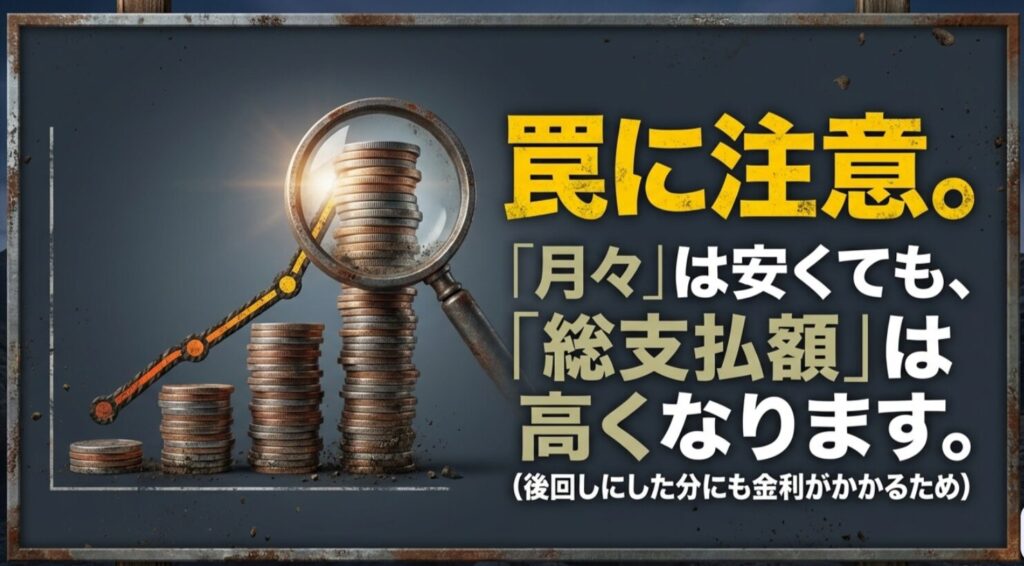 積み上がるコインと虫眼鏡の画像を背景に、「罠に注意。月々は安くても総支払額は高くなります。後回しにした分にも金利がかかるため」と警告が書かれたスライド