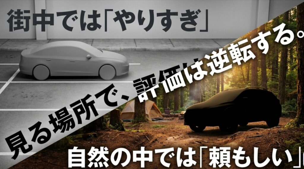 街中ではやりすぎに見えても、自然の中では頼もしく見えるというデリカのデザイン評価の違いを示したスライド