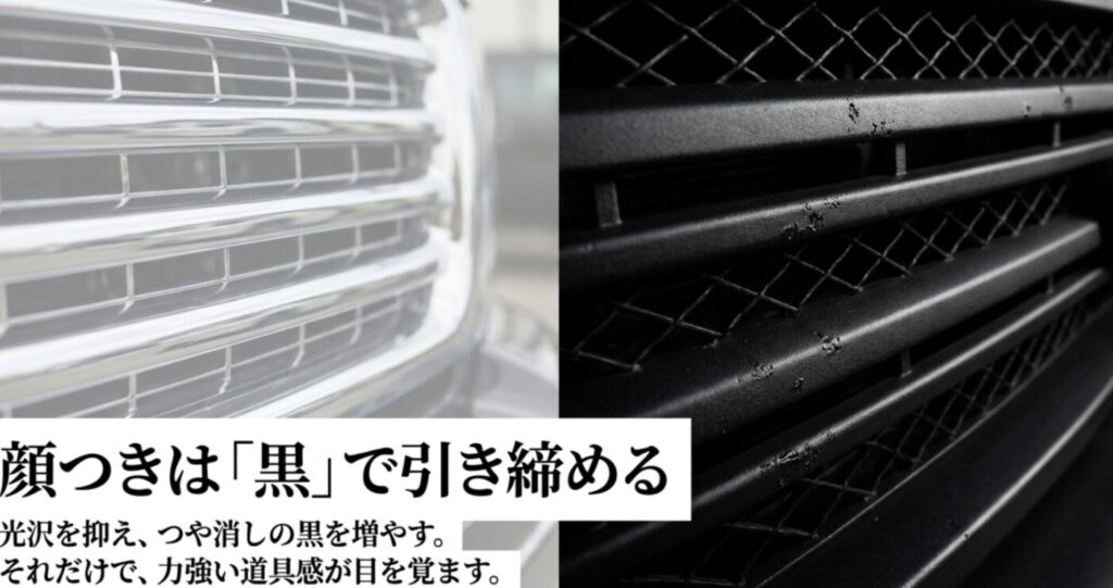 メッキ調とマットブラック調のグリルを比較し、黒で顔つきを引き締める考え方を示した画像