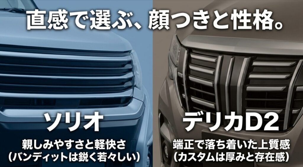 ソリオとデリカD2のフロントマスクを左右に並べ、親しみやすさと上質感の違いを示したスライド