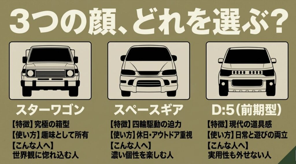 スターワゴン、スペースギア、D:5前期のフロントデザインと特徴、向いている使い方を比較したスライド