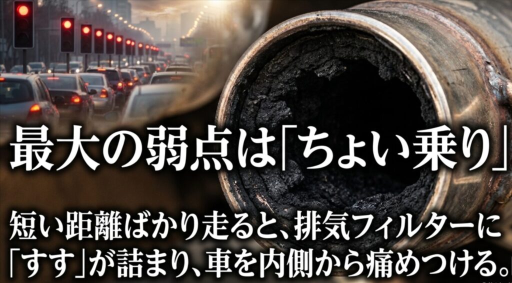 渋滞と詰まった排気フィルターを背景に、短距離走行がDPF詰まりを招くことを表したスライド
