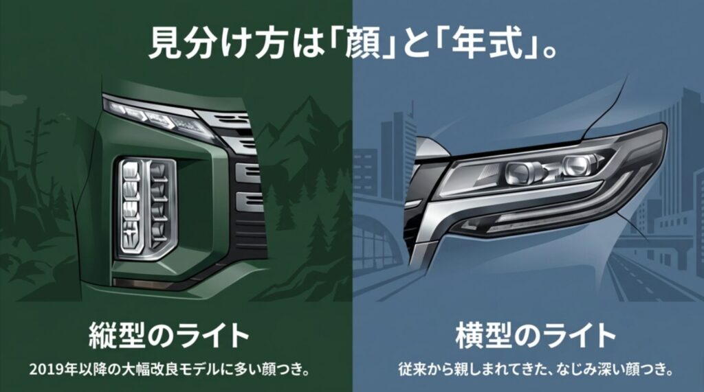 CV1Wの縦型ライトとCV5Wの横型ライトを対比し、顔つきと年式で見分けるポイントを示したスライド