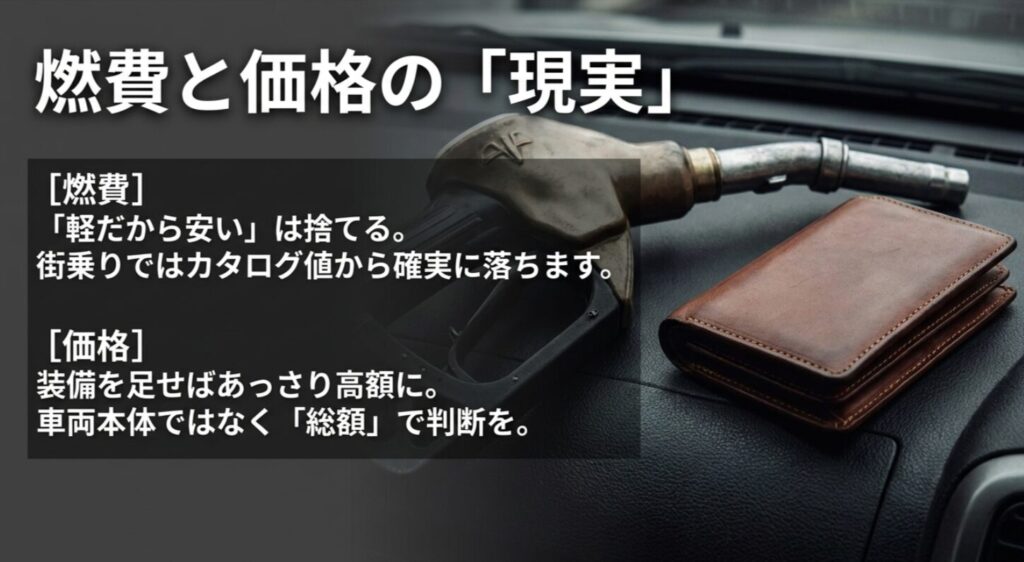 給油ノズルと財布を背景に、デリカミニの燃費と価格は総額で見るべきだと伝えるスライド