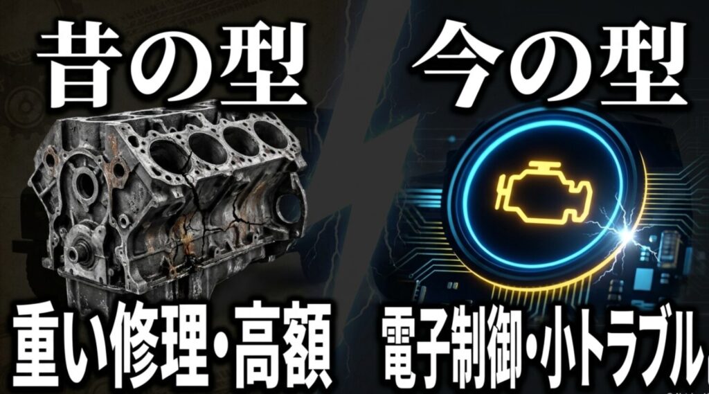 初代は重整備寄り、現行は電子制御の小トラブル寄りと示した比較スライド