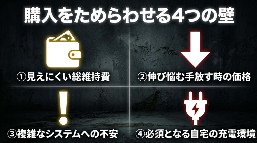 総維持費、手放す時の価格、複雑なシステム不安、自宅充電環境の4要素を示したスライド