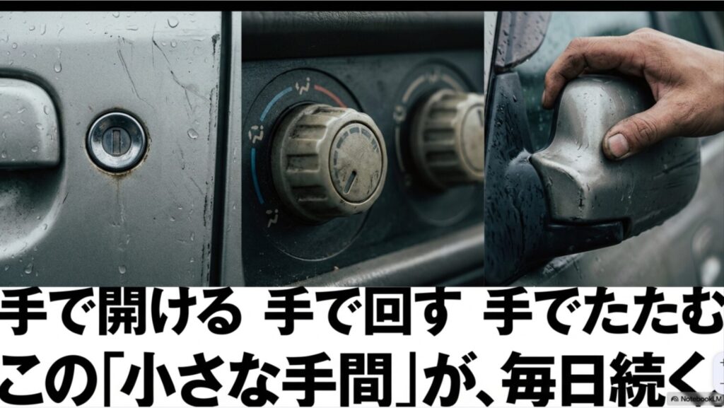 ドアキー、エアコンダイヤル、手動ミラーの写真で、手で開ける・回す・たたむ手間が毎日続くことを示したスライド