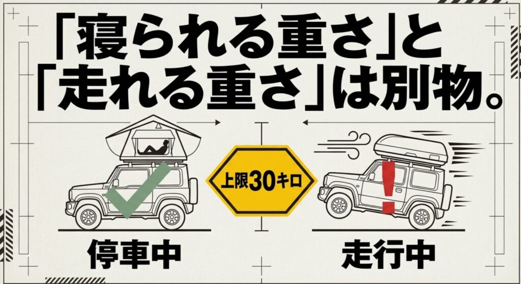 停車中は寝られても、走行中は上限30キロを意識すべきことを示すジムニーの比較スライド