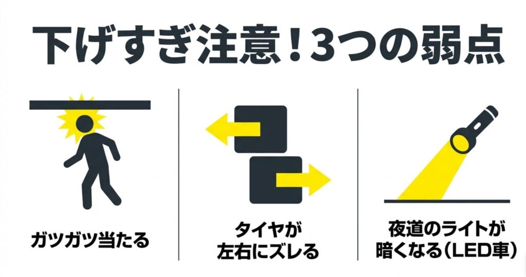 ジムニーを下げすぎると起きやすい底付き、左右ずれ、LEDライトの暗さを示すスライド