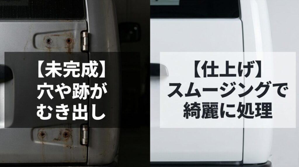 スペアタイヤを外した後に穴や跡がむき出しの状態と、スムージングで綺麗に処理した状態を比較したスライド