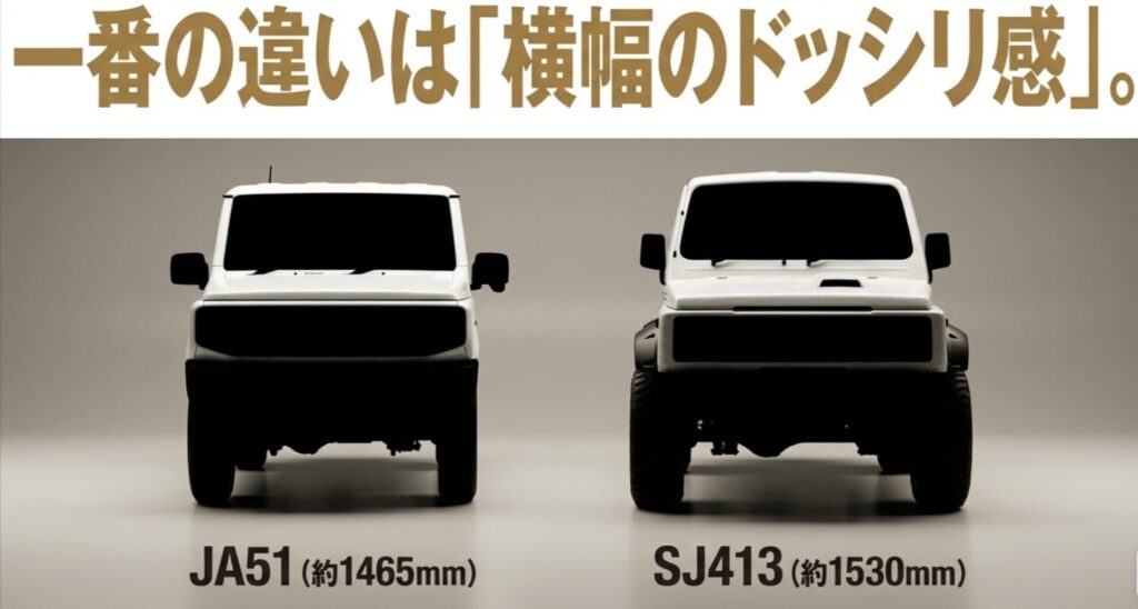 JA51約1465mmとSJ413約1530mmを正面から並べ、横幅の違いを比較したスライド